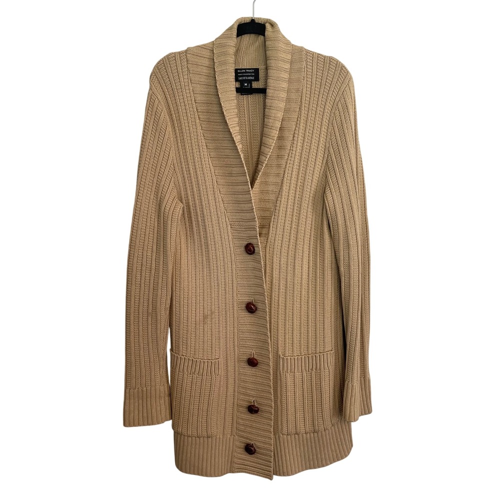 Ellen Tracy Saks Fifth Avenue Merino Wool‎ Silk Ribbed Shawl Cardigan Tan Luxury